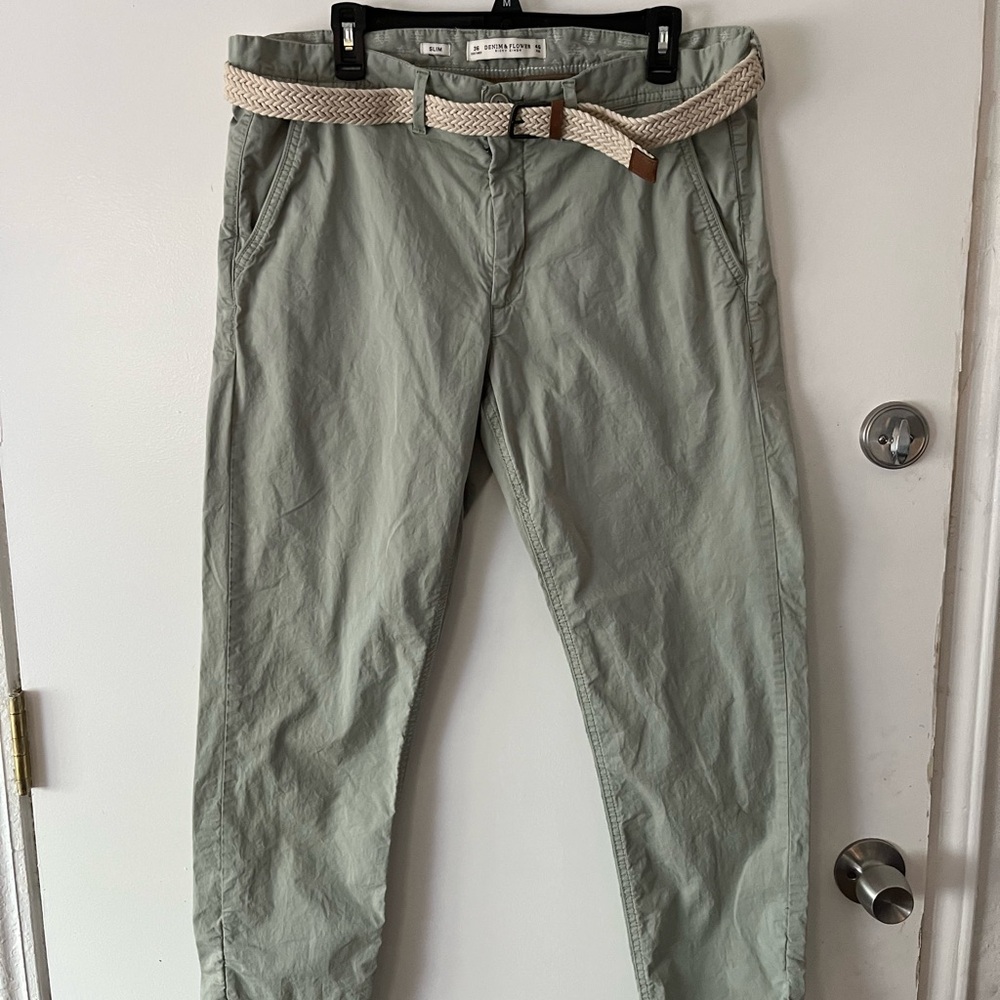 Denim & Flower Light Sage Chinos with Woven Belt